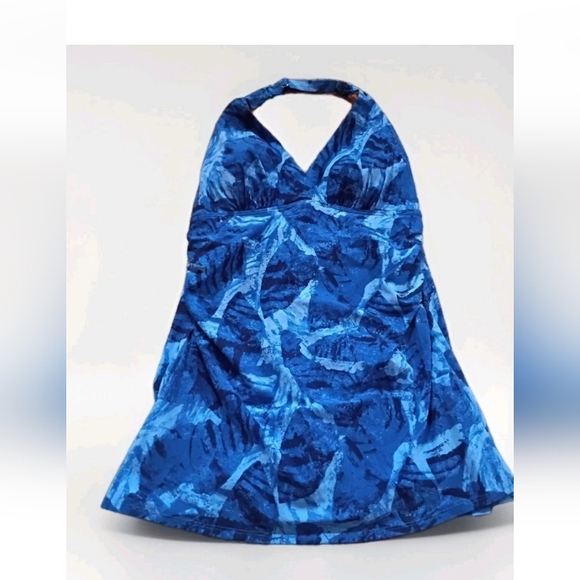 LL Bean Sunsmart Shaping Blue Halter Swimdress Abstract Print 14 Built In Bra - Picture 7 of 7